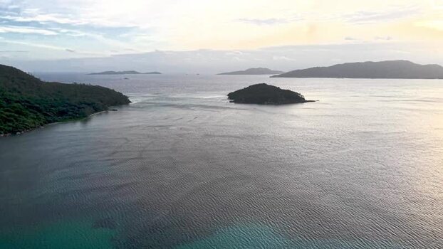 Aerial view of Praslin Ferry Harbour and islands Seychelles.