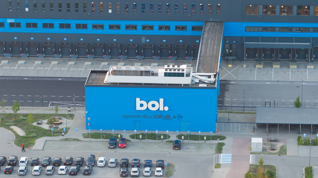 Waalwijk Netherlands 09 May 2026 Aerial view of the Bol.com distribution center featuring the blue warehouse building loading bays and parking lot. Waalwijk Netherlands 09 May 2026 Aerial view of the Bol.com distribution center featuring the blue warehouse building loading bays and parking lot.