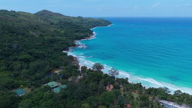 Aerial view of Anse Lazio in Baie Sainte Anne Seychelles.