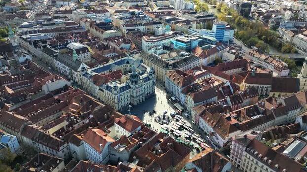 Aerial view of the historic Hauptplatz and old town in Graz Austria.