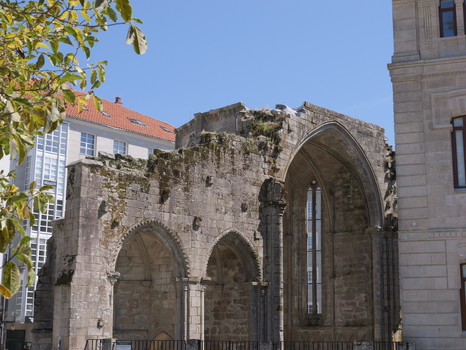 View of the historic Ruinas de San Domingos with its gothic stone arches and weathered walls set against a clear blue sky in Pontevedra Pontevedra Spain. View of the historic Ruinas de San Domingos with its gothic stone arches and weathered walls set against a clear blue sky in Pontevedra Pontevedra Spain.