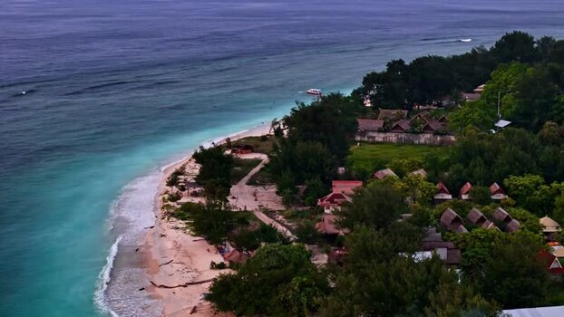 Aerial view of a tropical beach in Bali Indonesia.