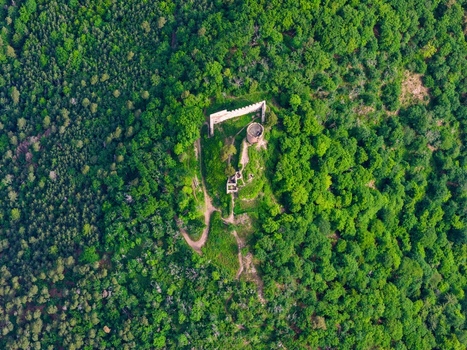 Aerial view of the medieval castle ruins of Saint Ulrich surrounded by dense green forest on a hill in Ribeauville Grand Est France. Aerial view of the medieval castle ruins of Saint Ulrich surrounded by dense green forest on a hill in Ribeauville Grand Est France.