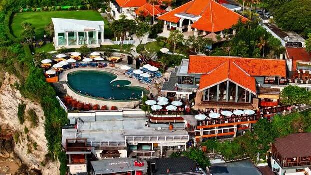 Aerial view of a cliffside resort in Bali Indonesia.