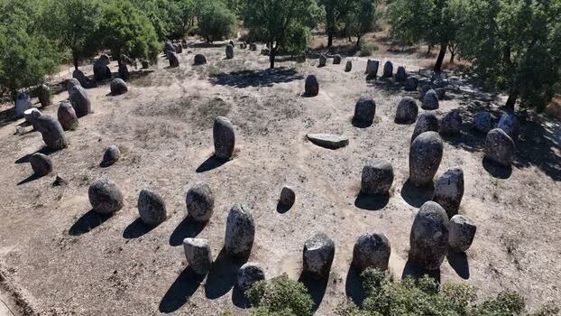 Aerial view of Almendres Cromlech megalithic site Portugal. Aerial view of Almendres Cromlech megalithic site Portugal.