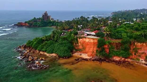 Aerial view of coastal cliffs and vegetation Sri Lanka.