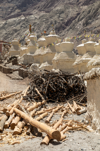View of the white stupas at Charasa Gonpa with prayer flags and stacked wood logs in the foreground set against an arid mountain landscape in Charasa Ladakh India.