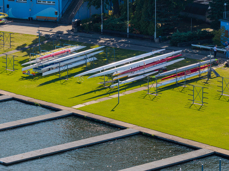 Aerial view of rowing boats stored on racks at the Berlin Grunau Regatta Course in Berlin Berlin Germany. Aerial view of rowing boats stored on racks at the Berlin Grunau Regatta Course in Berlin Berlin Germany.