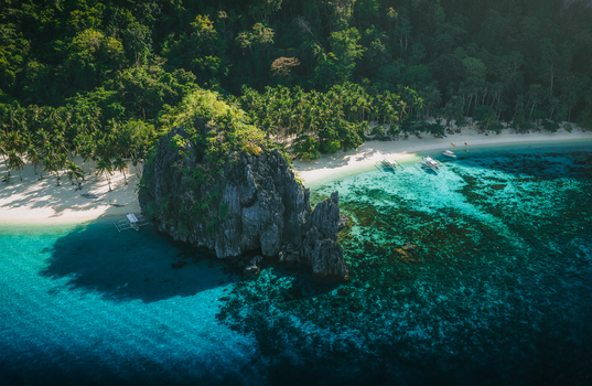 Aerial view of Papaya Beach with its distinctive limestone rock formation turquoise waters coral reefs and white sand beach lined with palm trees in El Nido Mimaropa Philippines. Aerial view of Papaya Beach with its distinctive limestone rock formation turquoise waters coral reefs and white sand beach lined with palm trees in El Nido Mimaropa Philippines.