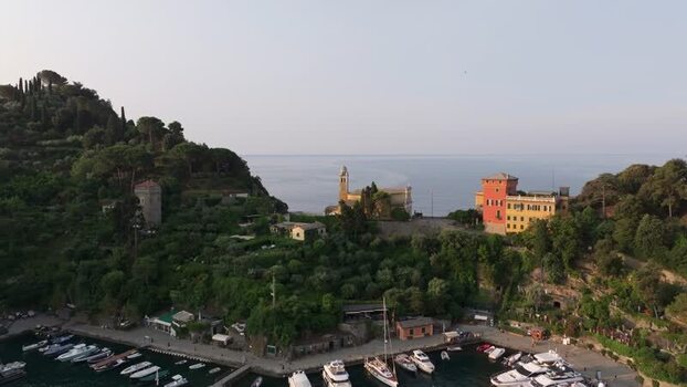 Aerial view of Portofino harbor and historic buildings Italy. Aerial view of Portofino harbor and historic buildings Italy.