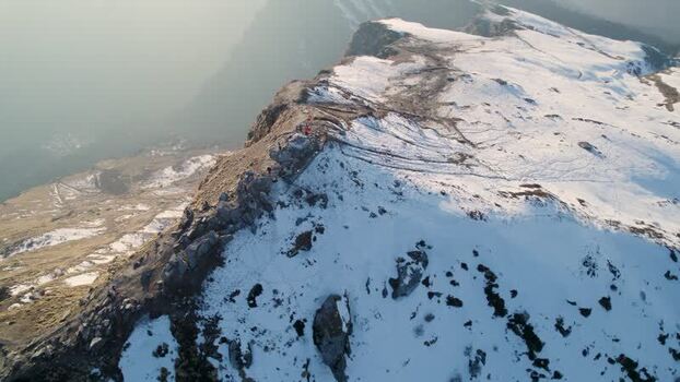 Aerial view of a snow covered mountain ridge India.