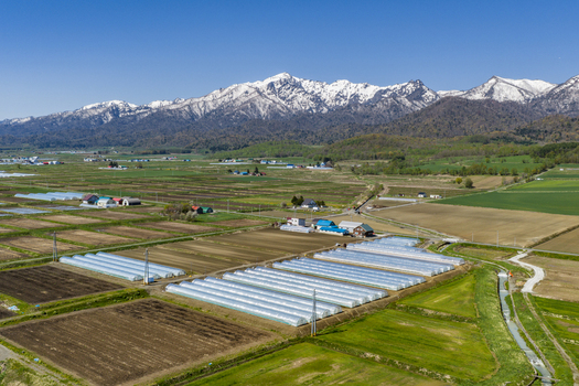 Aerial view of agricultural fields and greenhouses in the rural landscape of Furano Hokkaido Japan. Aerial view of agricultural fields and greenhouses in the rural landscape of Furano Hokkaido Japan.