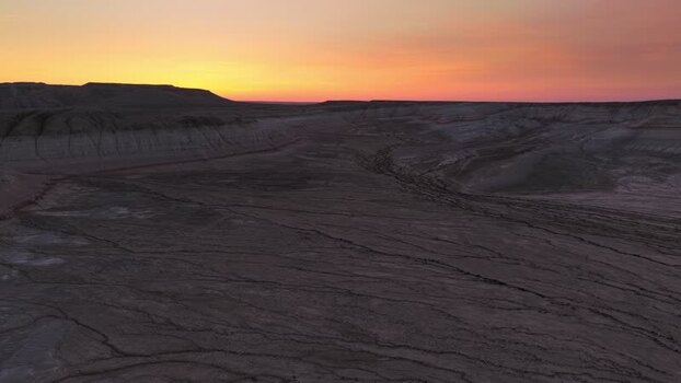 Aerial view of Mount Bokty at sunset in Kazakhstan.