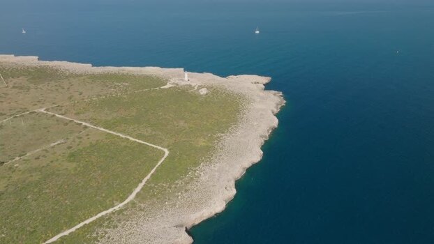 Aerial view of Plemmirio coastline and lighthouse Italy.