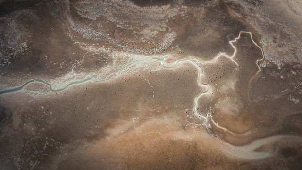 Aerial view of abstract patterns of blue water and brown sands along the coastline in Useless Loop Western Australia Australia. Aerial view of abstract patterns of blue water and brown sands along the coastline in Useless Loop Western Australia Australia.