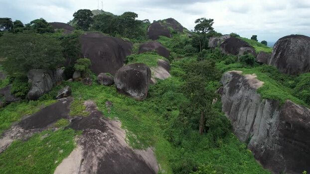Aerial view of Idanre Hill with granite boulders in Nigeria.