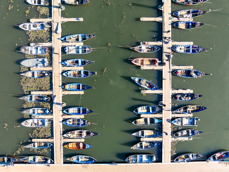 Aerial view of boats moored in the marina at Porta de Abrigo da Torreira their hulls reflecting the sunlight amidst the green water Torreira Aveiro Portugal.