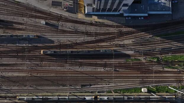 Aerial view of train tracks and train station Portugal.