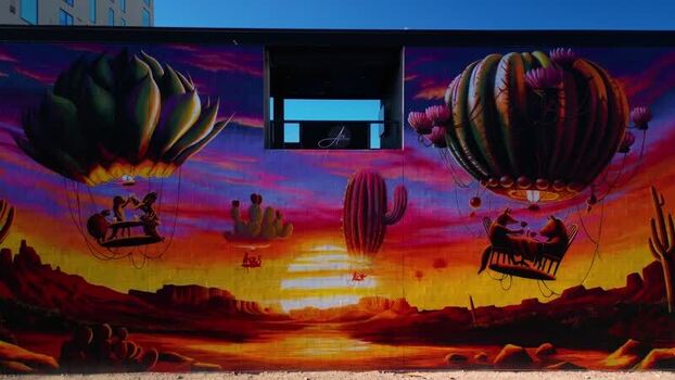 Aerial view of mural with cacti and hot air balloons United States. Aerial view of mural with cacti and hot air balloons United States.