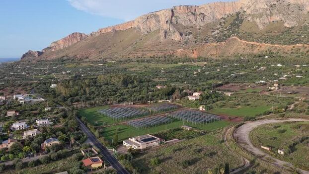 Aerial view of solar farm in Terrasini Italy.
