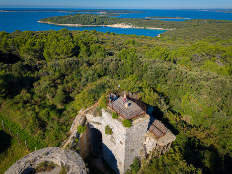 Aerial view of the contrasting stone fortress against the lush green forest and the calm blue sea Pula Istria County Croatia.