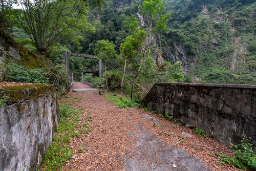 View of the suspension bridge at Taroko National Park surrounded by lush green mountains and dense forest with a path covered in fallen leaves in Xiulin Township Hualien County Taiwan.