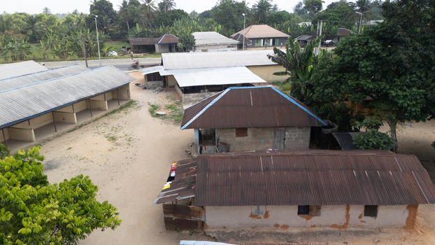 Aerial view of rural houses with corrugated metal roofs surrounded by lush green trees and vegetation in Minima Rivers Nigeria.