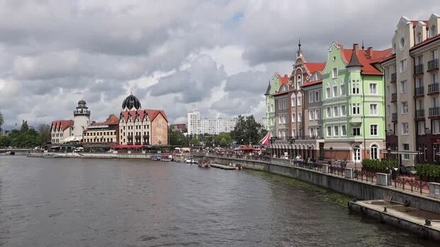 View of the Fishing Village along the Pregolya River Russia.