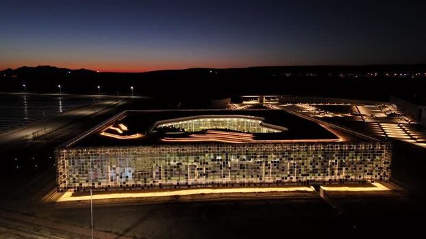 Aerial view of Karapinar Solar Power Plant at night Turkiye.