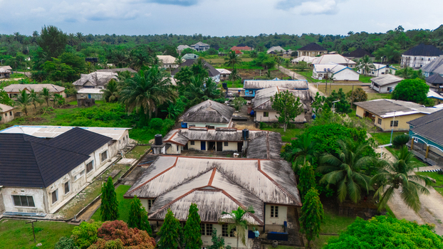 Aerial view of residential houses with metal roofs surrounded by lush palm trees and greenery in Minima Rivers Nigeria.
