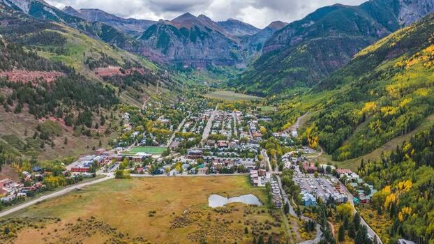 Aerial view of Telluride town in autumn United States.