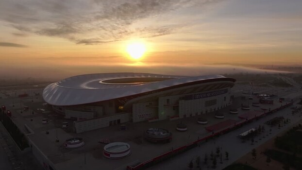 Aerial view of Riyadh Air Metropolitano Stadium at sunset Spain.