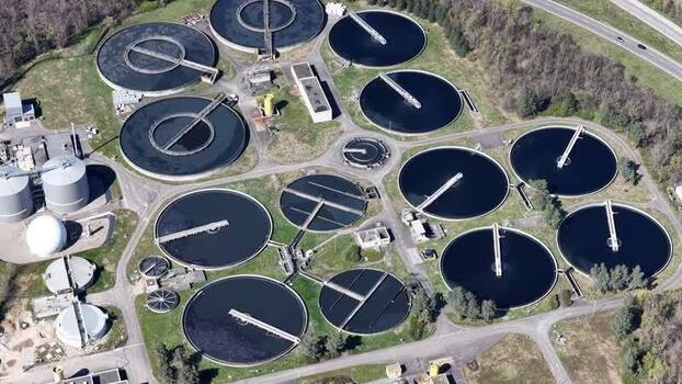 Aerial view of water treatment plant France.