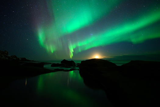 View of the vibrant green aurora borealis dancing above a dark rocky coastline with a calm reflective pool and the moon on the horizon in Leknes Lofoten Norway.