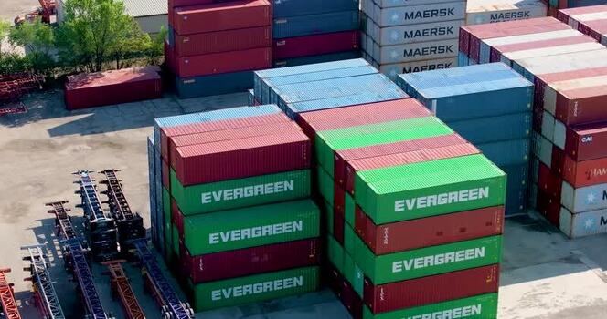 Aerial view of shipping containers in a logistics yard United States. Aerial view of shipping containers in a logistics yard United States.