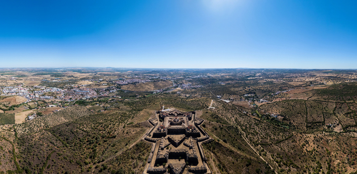 Elvas Portalegre District Portugal 10 September 2026 Aerial view of the historic star shaped Forte de Nossa Senhora da Graca surrounded by the rolling hills of the Alentejo region. Elvas Portalegre District Portugal 10 September 2026 Aerial view of the historic star shaped Forte de Nossa Senhora da Graca surrounded by the rolling hills of the Alentejo region.