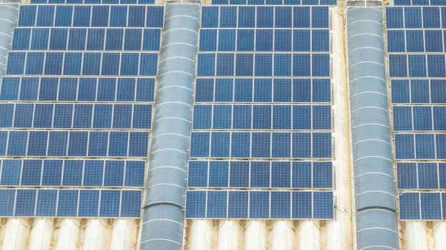 Aerial view of solar panels installed on the roof of the Mercado Livre headquarters in Osasco State of Sao Paulo Brazil.