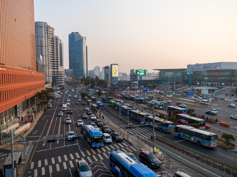 Busan South Korea 21 February 2026 Aerial view of busy streets and bus terminal near Busan Station featuring modern skyscrapers heavy traffic and urban infrastructure. Busan South Korea 21 February 2026 Aerial view of busy streets and bus terminal near Busan Station featuring modern skyscrapers heavy traffic and urban infrastructure.