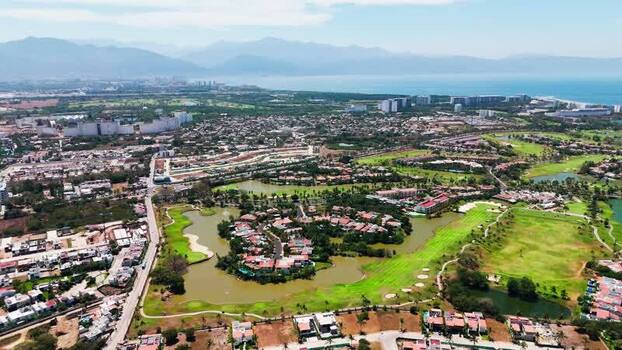 Aerial view of cityscape with golf course Mexico.