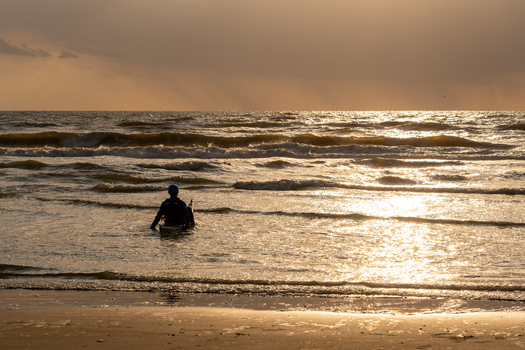 View of a kayaker entering the North Sea waves at Strand Wijk aan Zee under a golden sunset sky with rolling waves and sandy beach Wijk aan Zee North Holland Netherlands. View of a kayaker entering the North Sea waves at Strand Wijk aan Zee under a golden sunset sky with rolling waves and sandy beach Wijk aan Zee North Holland Netherlands.