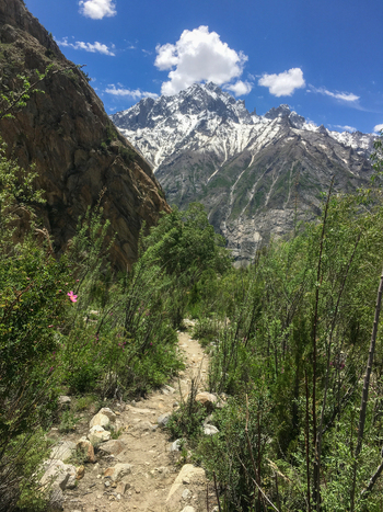 View of Hushe River Valley with a dirt path winding through lush vegetation and rocky terrain under a clear blue sky with snow capped mountains in Saling Gilgit Pakistan. View of Hushe River Valley with a dirt path winding through lush vegetation and rocky terrain under a clear blue sky with snow capped mountains in Saling Gilgit Pakistan.