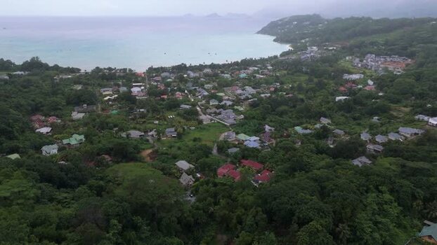 Aerial view of Mahe island coastline Seychelles.