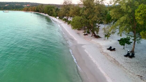 Aerial view of Long Set Beach with turquoise water Cambodia.