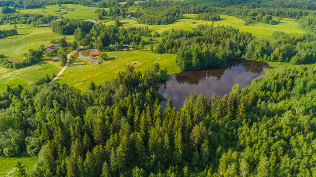 Aerial view of a lush green landscape featuring a small dark lake surrounded by dense coniferous and deciduous forests rolling meadows and a small rural property in Latvia. Aerial view of a lush green landscape featuring a small dark lake surrounded by dense coniferous and deciduous forests rolling meadows and a small rural property in Latvia.
