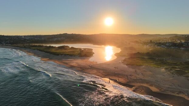 Aerial view of Dee Why Lagoon at sunset Australia.