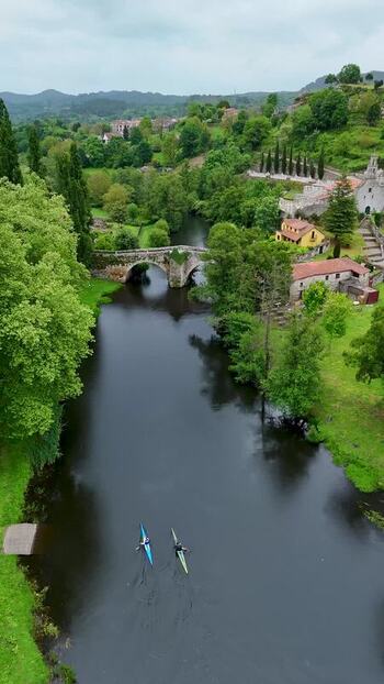 Aerial view of Rio Arnoia and the historic bridge in Allariz Spain.