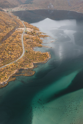Aerial view of the Lofoten coastline featuring turquoise waters rocky shores and autumn colored vegetation along a winding road in Svolvaer Nordland Norway.