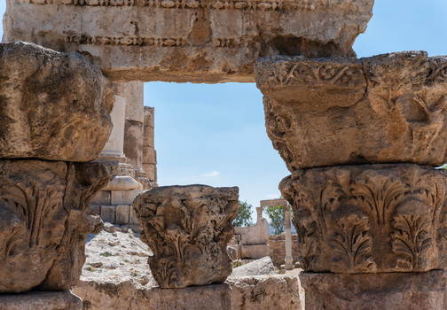 View of the ancient stone columns and intricate Corinthian capitals at the Amman Citadel Amman Amman Governorate Jordan.
