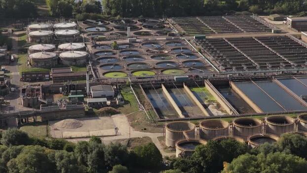 Aerial view of water treatment plant in Maple Cross United Kingdom.
