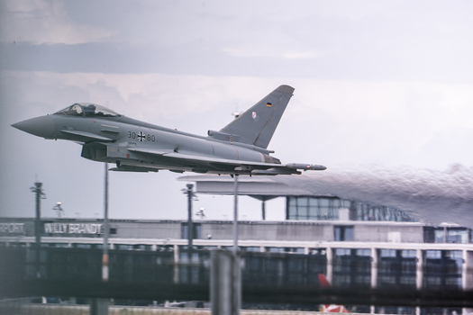 Berlin Germany 13 June 2026 View of a German Air Force Eurofighter Typhoon performing a high speed flyby with a vapor trail at the ILA Berlin Air Show. Berlin Germany 13 June 2026 View of a German Air Force Eurofighter Typhoon performing a high speed flyby with a vapor trail at the ILA Berlin Air Show.